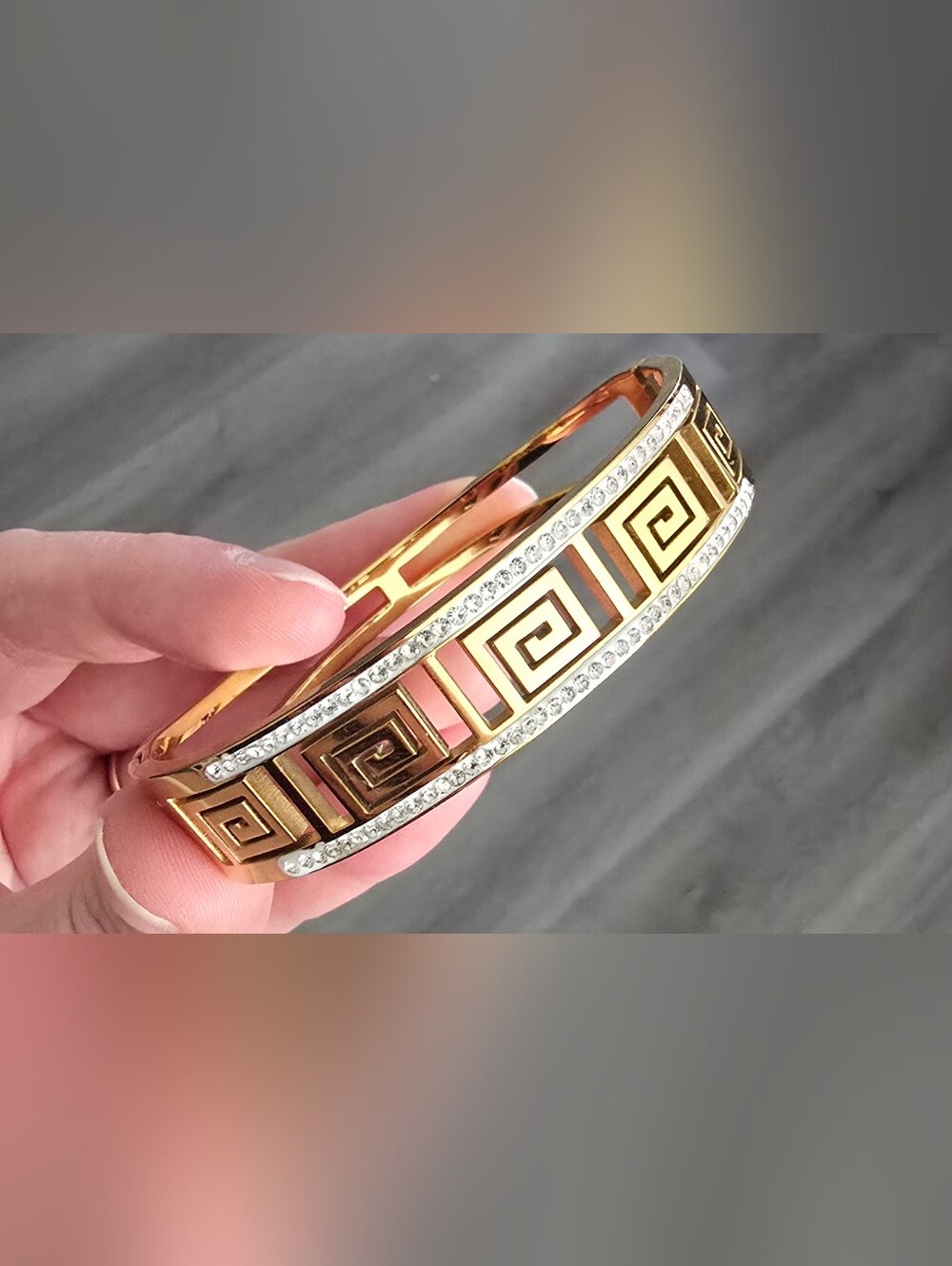 Gold Greek Key Crystal Bangle Bracelet